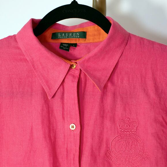 Lauren Ralph Lauren Hot Pink Linen Shirt w/ Embroidered Crest – Size L - Picture 5 of 5